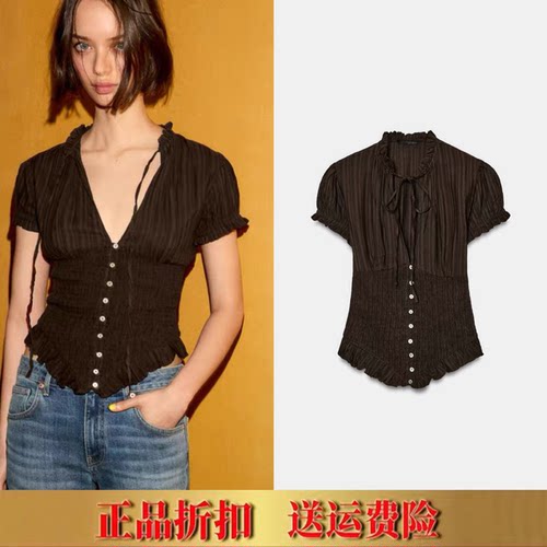 ZA家春夏新款女装时尚辣妹风收腰蝴蝶结系带泡泡短袖衬衫 7521020
