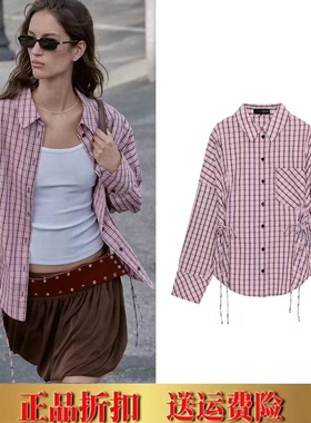 ZA家春夏新品女装甜美辣妹风系带长袖翻领多穿格子衬衫 2190530