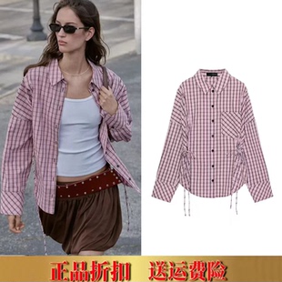 ZA家春夏新品女装甜美辣妹风系带长袖翻领多穿格子衬衫 2190530