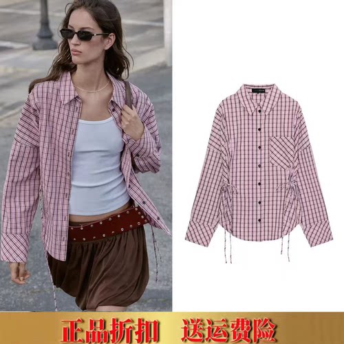 ZA家春夏新品女装甜美辣妹风系带长袖翻领多穿格子衬衫 2190530
