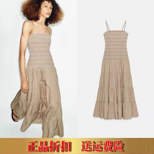 ZA家春夏新品女装时尚百搭刺绣蜂巢格迷笛吊带连衣裙 1008022