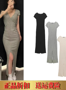 2025春夏新品 女装 气质V领长款迷笛针织短袖连衣裙修身 7901336