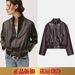 飞行员夹克外套皮衣 ZA家春新品 仿皮短款 立领收腰长袖 6318041 女装