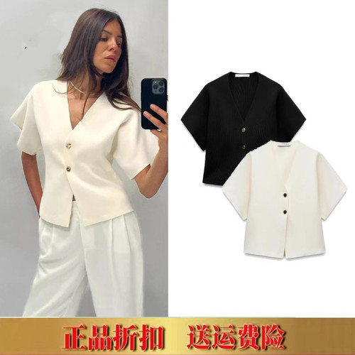 2025春季新款平针短袖V领运动简约针织毛衫夹克外套女 4192101