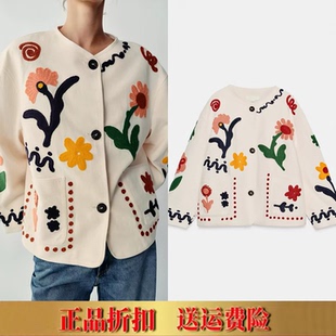 ZA家2026秋季新款长袖圆领花朵花造型拼接刺绣夹克短外套3046250