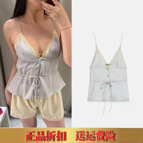 ZA家夏季新品女装法式波点V领蕾丝饰丝缎吊带背心上衣外穿2902368
