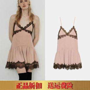 ZA家春夏新款女装纯欲风气质收腰蕾丝拼接短款吊带连衣裙7200305