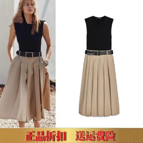 2025女装春夏新款 时尚简约拼接圆领无袖配腰带连衣裙 0387052