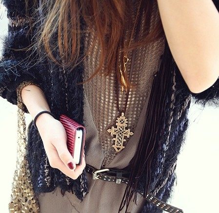 复古长款镂空十字架项链