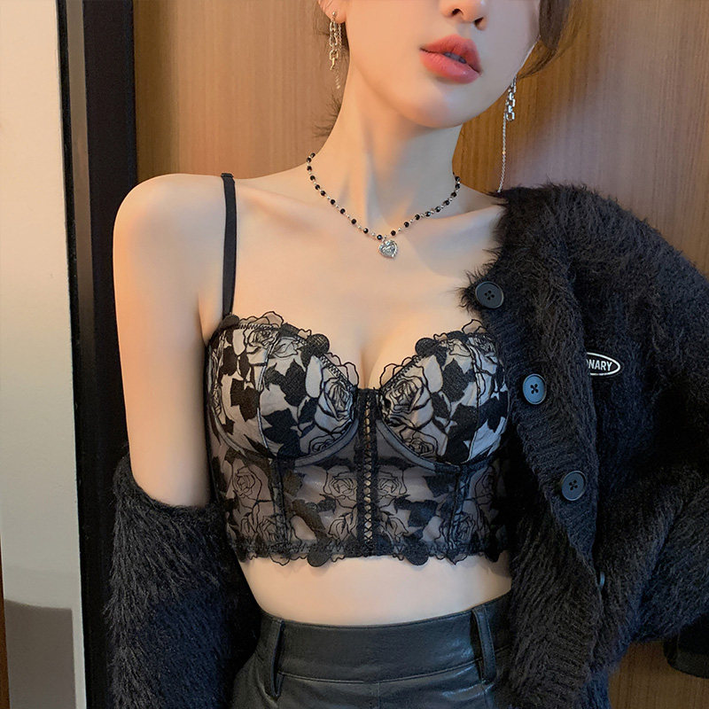AH无钢圈文胸套装性感蕾丝纯欲聚拢调整型收副乳可外穿薄款内衣女