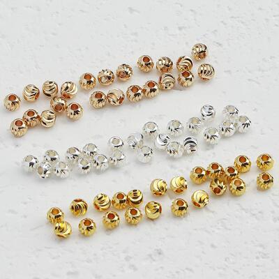 14K切弯刀纹圆珠竖切花珠银色18K包金珠保色DIY饰品手链手串配件
