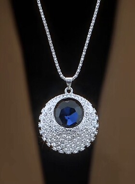 蓝色水晶吊坠项链女新款气质高档毛衣链长款时尚百搭衣服配饰挂件