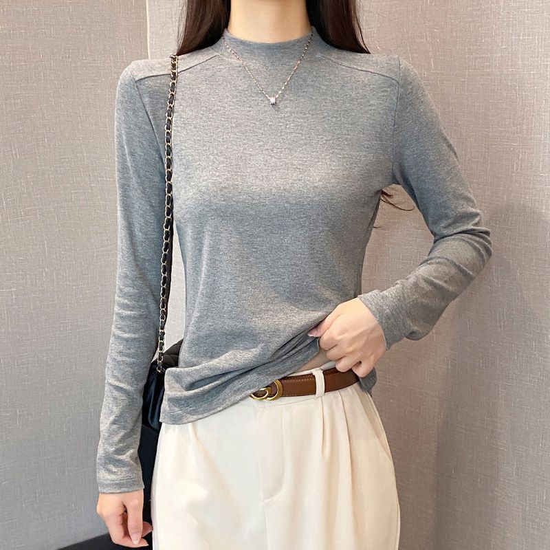 半高领鱼骨长袖t恤女春秋内搭修身圆领高弹显瘦打底衫韩版上衣潮