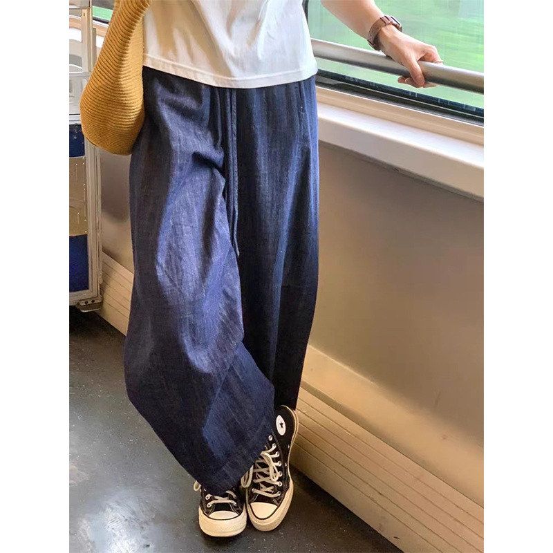复古深蓝色慵懒风阔腿牛仔裤女夏牛仔裤