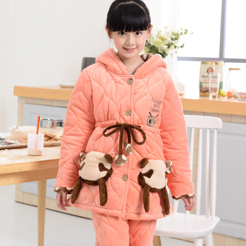 三昌睡衣女童冬季长袖保暖珊瑚绒夹棉袄女款儿童睡衣家家居服套装