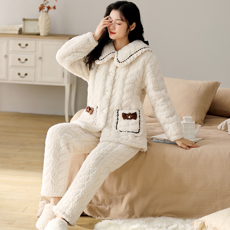 三昌珊瑚绒睡衣女夹棉冬季加绒加厚三层可爱外穿法兰绒保暖家居服
