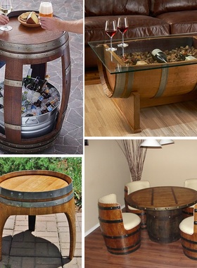 橡木桶茶几酒桶桌椅圆形桌面品酒桌改装茶几小餐桌创意木桶桌定做