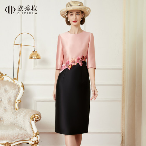撞色拼接婚礼妈妈装喜婆婆礼服