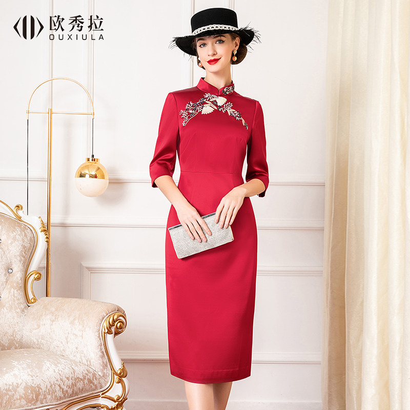 2026春夏新款婚礼妈妈装醋酸缎面改良旗袍高贵喜婆婆礼服连衣裙女