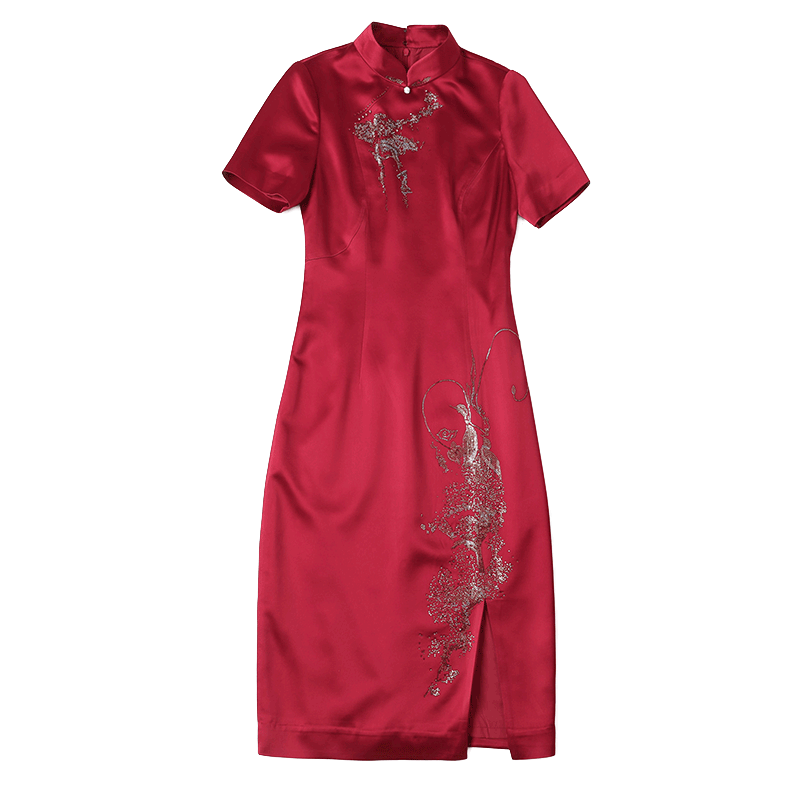 醋酸缎面修身改良装喜女秋礼服