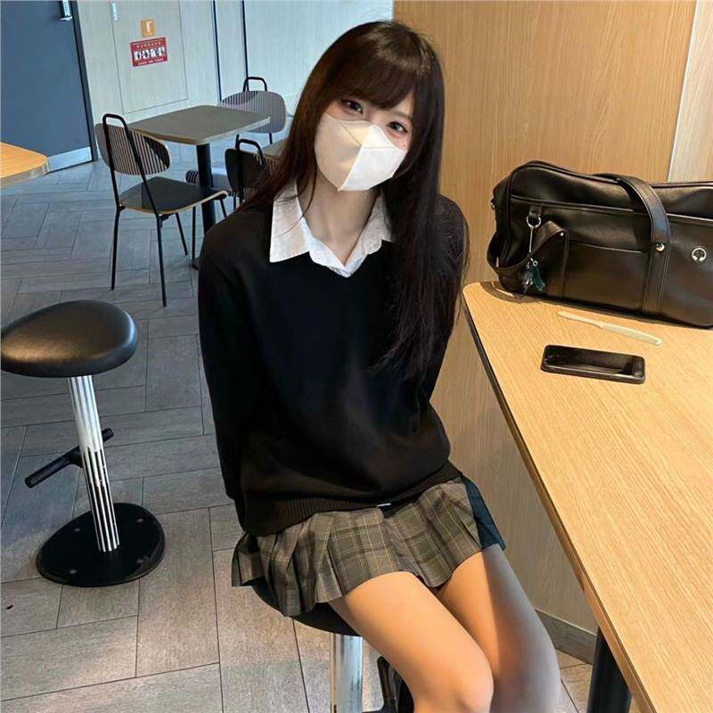 学院风秋冬新款jk制服毛衣套头v领长袖百搭少女软妹外穿针织衫