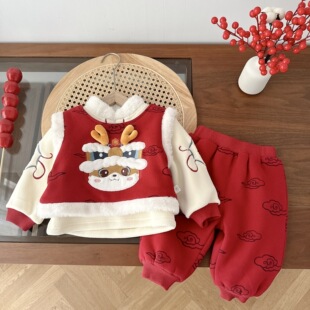 儿童拜年服0-5岁冬季男童刺绣马甲女童加绒裤子宝宝过年衣服AY703