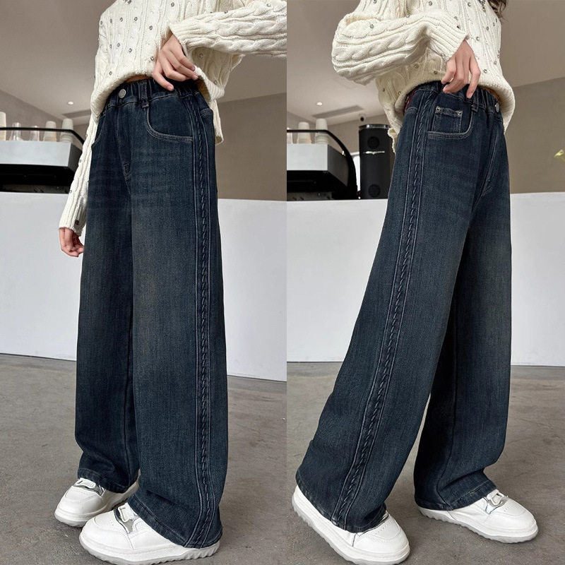 秋冬加绒加厚女童牛仔裤洋气百搭牛仔裤中大童春秋直筒长裤阔腿裤