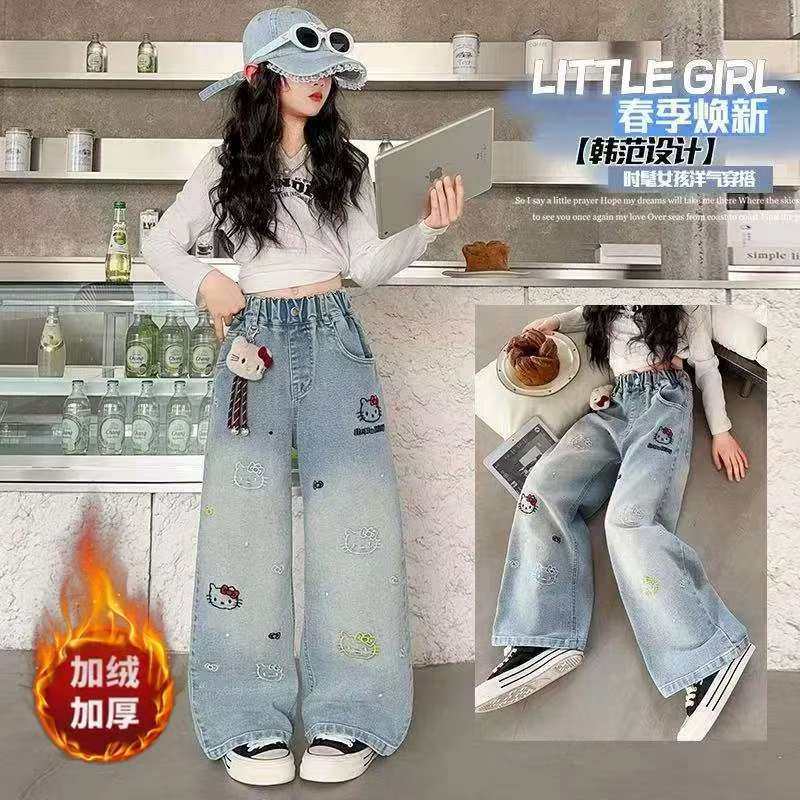 女童加绒裤子秋冬款2025新款加厚一体绒kt猫牛仔裤冬季儿童直筒裤