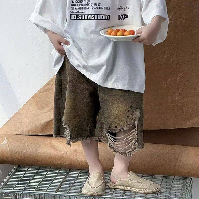 男童牛仔短裤做旧薄款潮牌宽松直筒美式复古夏季新款休闲五分