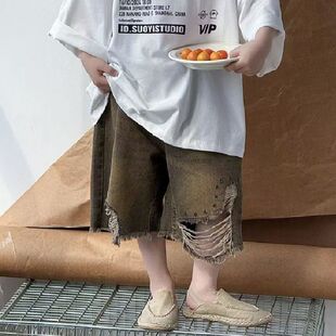男童牛仔短裤做旧薄款潮牌宽松直筒美式复古夏季新款休闲五分