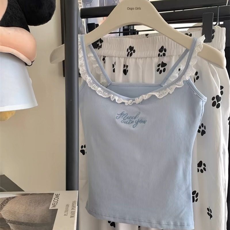 夏季纯欲风吊带背心女带胸垫辣妹多巴胺花边短款修身内搭外穿