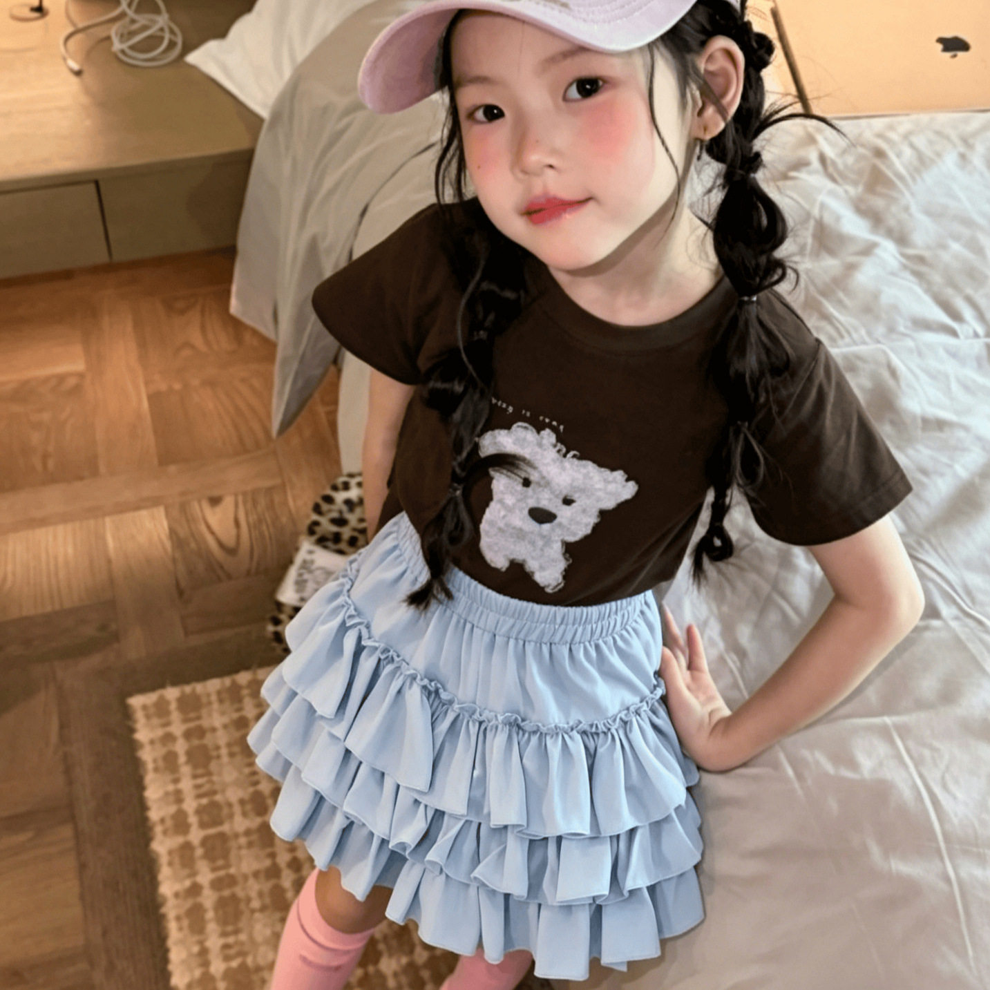 中大童多色半身裙 三层荷叶边防走光安全裤裙校园活动表演蓬蓬短