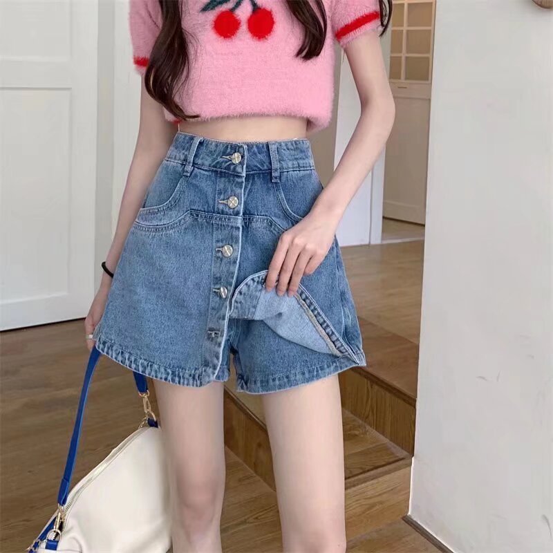 夏季时尚百搭新款高腰牛仔短裙a字裙假两件裤裙显瘦休闲短裤裙女