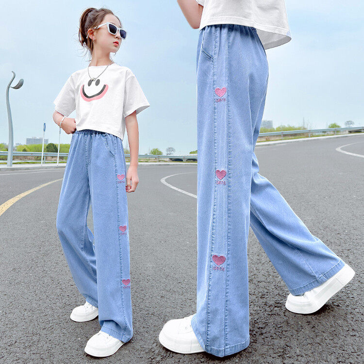 夏季薄款女童天丝牛仔裤2025新款儿童裤子女大童女孩阔腿裤直筒裤