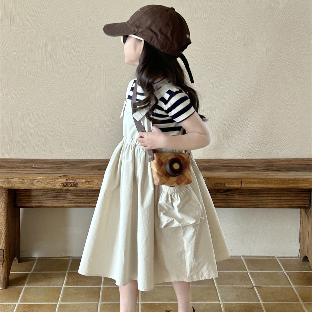 女童针织短袖T恤2024夏季新款儿童黑白条纹上衣宝宝休闲圆领上衣