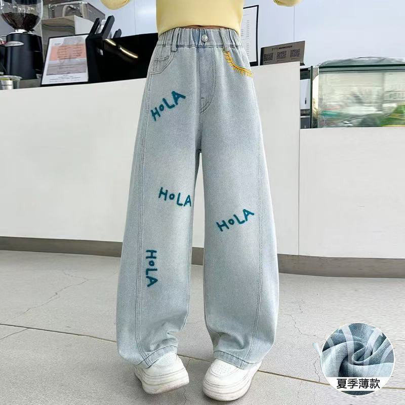 夏季薄款女童天丝牛仔裤儿童时尚直筒宽松裤中大童洋气阔腿裤新款
