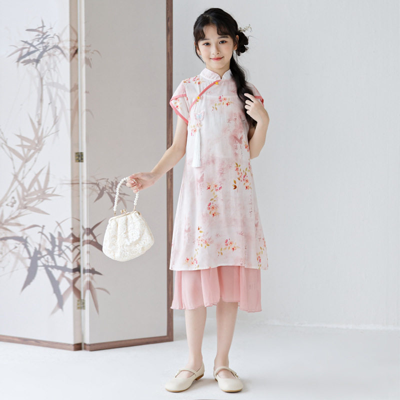女童夏装旗袍新中式薄款汉服民族中国风唐装中大童连衣裙套装