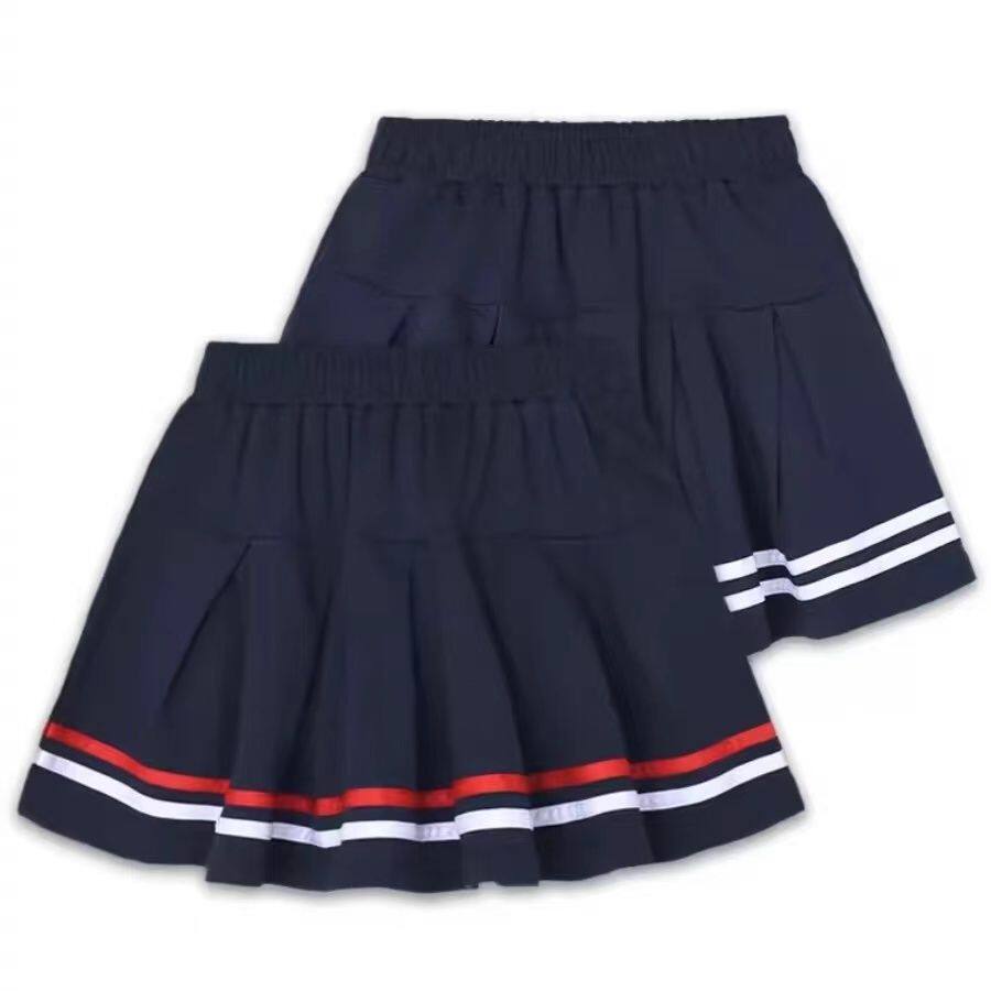 女童2024红白杠条百褶短裙女生半身裙深蓝色儿童小学生校服裙子