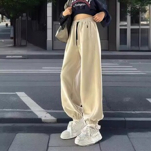 女胖mm秋季 运动裤 新款 高腰休闲灯笼裤 子 大码 加绒加厚束脚卫裤 美式