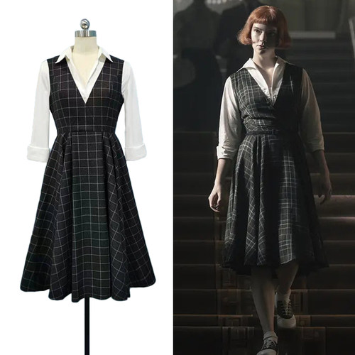 女王的棋局同款格纹复古风连衣裙