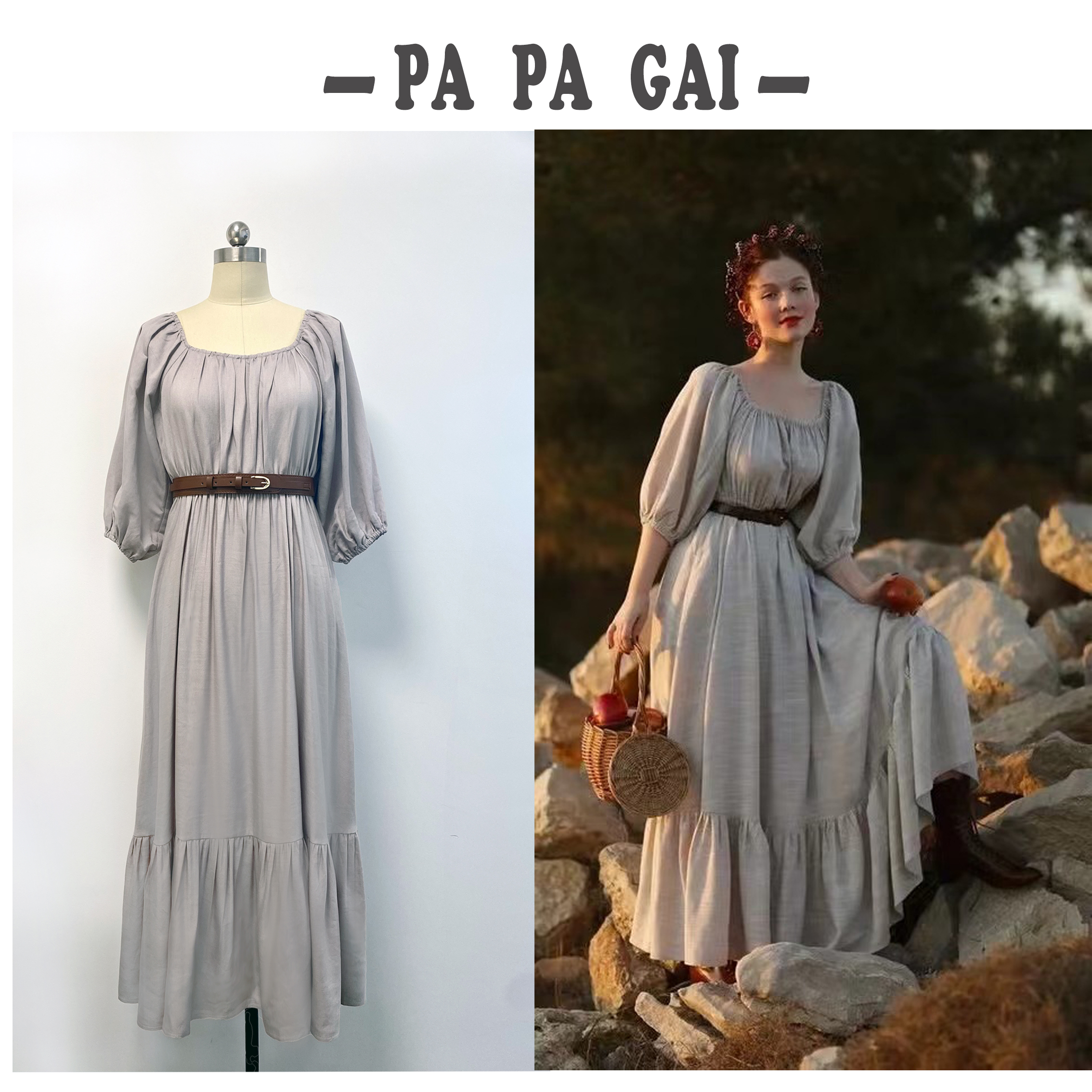 设计感泡泡袖亚麻褶皱小众收腰