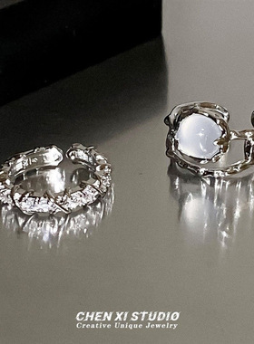 两件套月光石戒指女镶钻开口戒小众设计素圈食指戒法式自律指环
