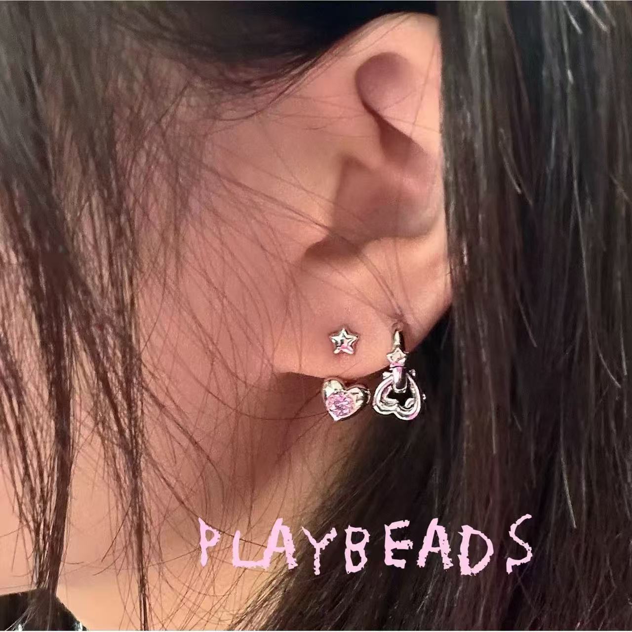 PLAYBEADS甜酷系列耳钉套装s925银针首饰少女锆石爱心百搭不对称图片