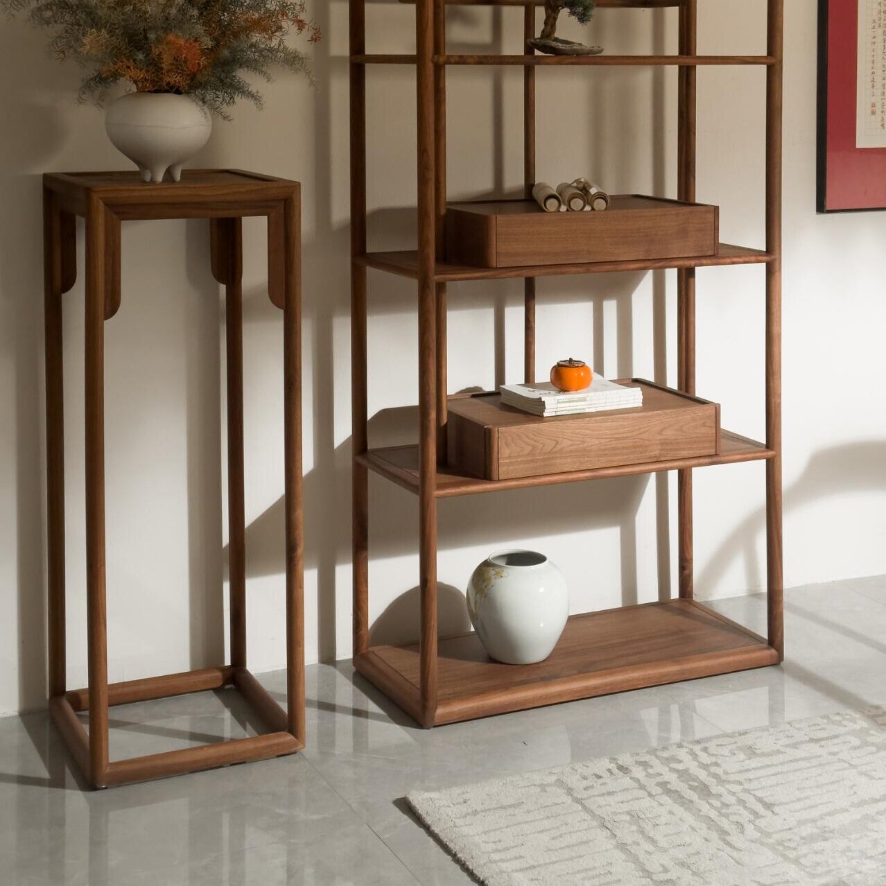 新中式北美黑胡桃木博古架实木禅意书架置物架简约茶室茶叶架边柜