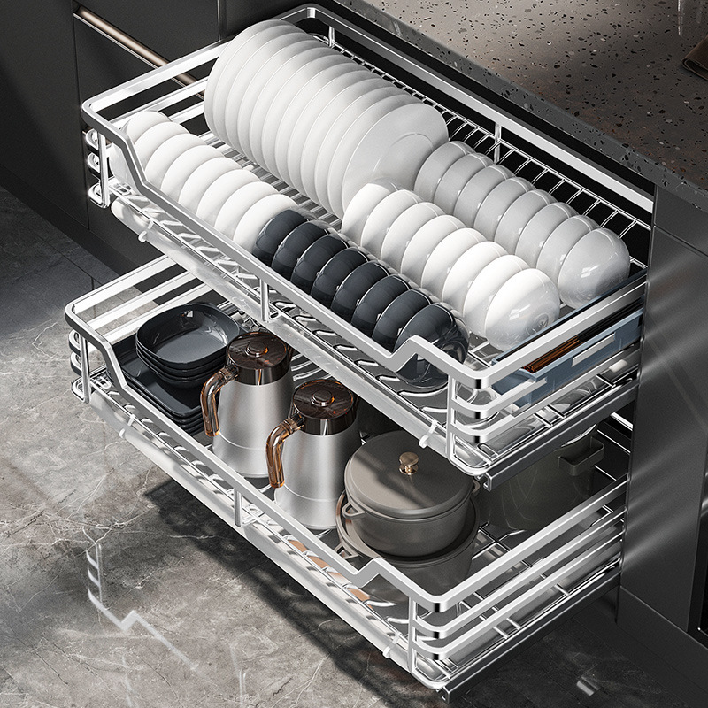 304不锈钢厨房调味拉篮橱柜抽屉式碗碟架双层实心下拉式收纳碗篮