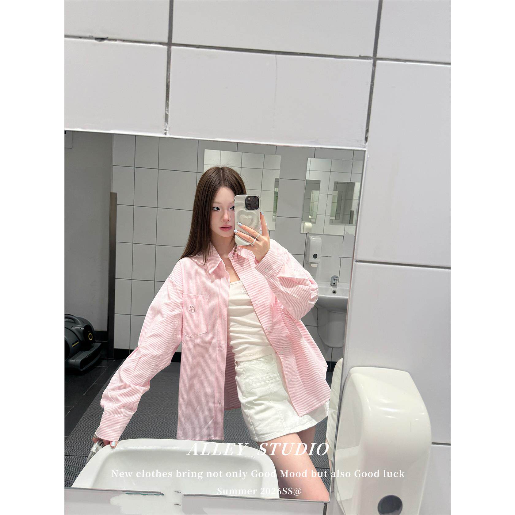 粉色条纹衬衫女春秋刺绣