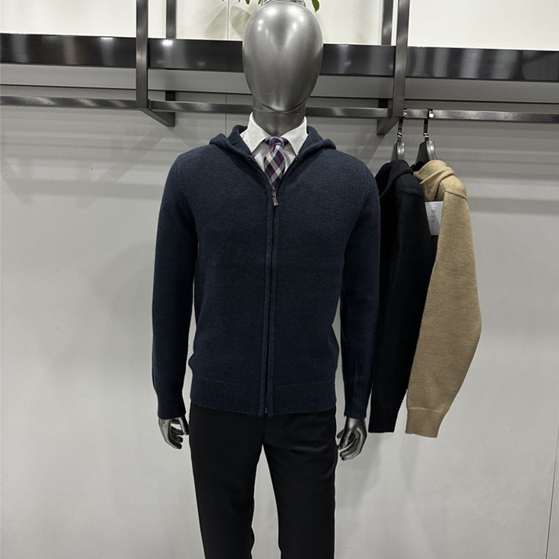 秋冬新款男士针织开衫 连帽拉链锦纶混纺厚提花时尚休闲羊毛衫3色