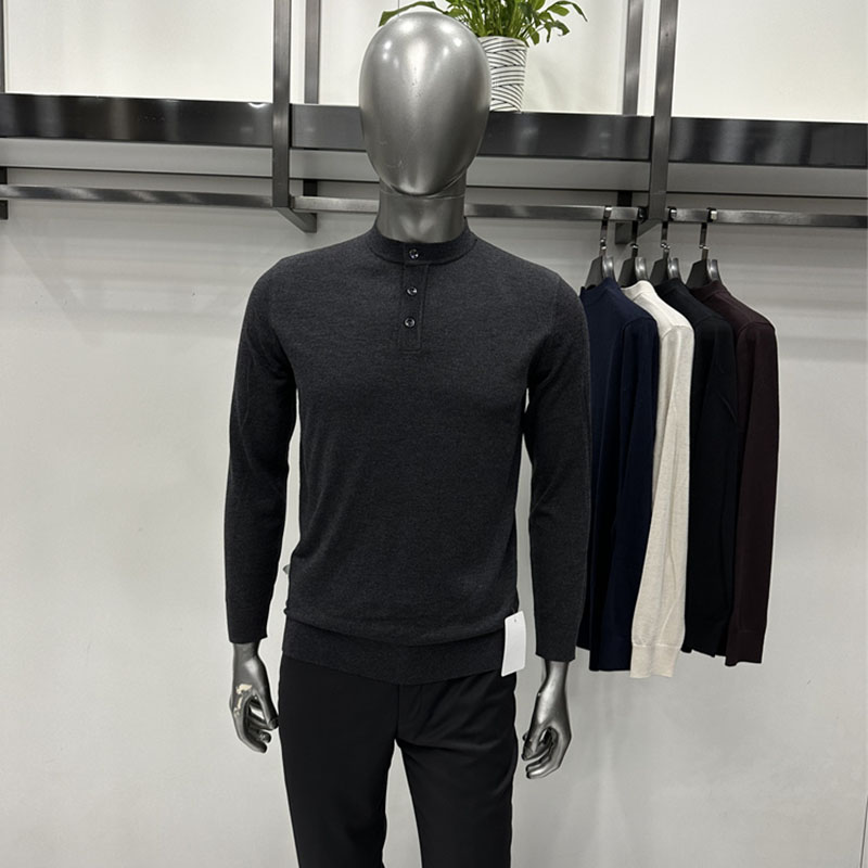 新款男士针织衫 圆领半开扣中式风格套头蚕丝绵羊毛混纺羊毛衫5色
