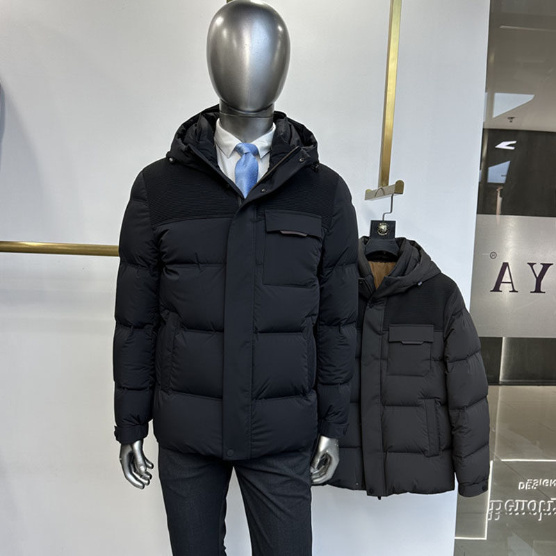 时尚针织双拼男士羽绒服连帽脱卸直充绒短加厚无痕压胶工艺不钻绒