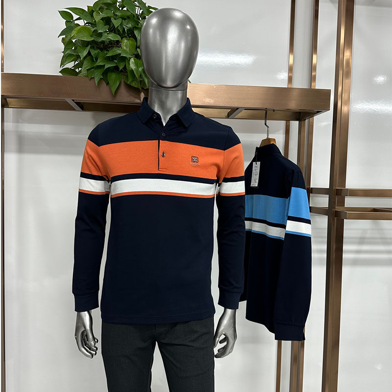 高棉微弹免烫男士长袖T恤POLO衫款 华夫格型时尚设计休闲百搭条纹